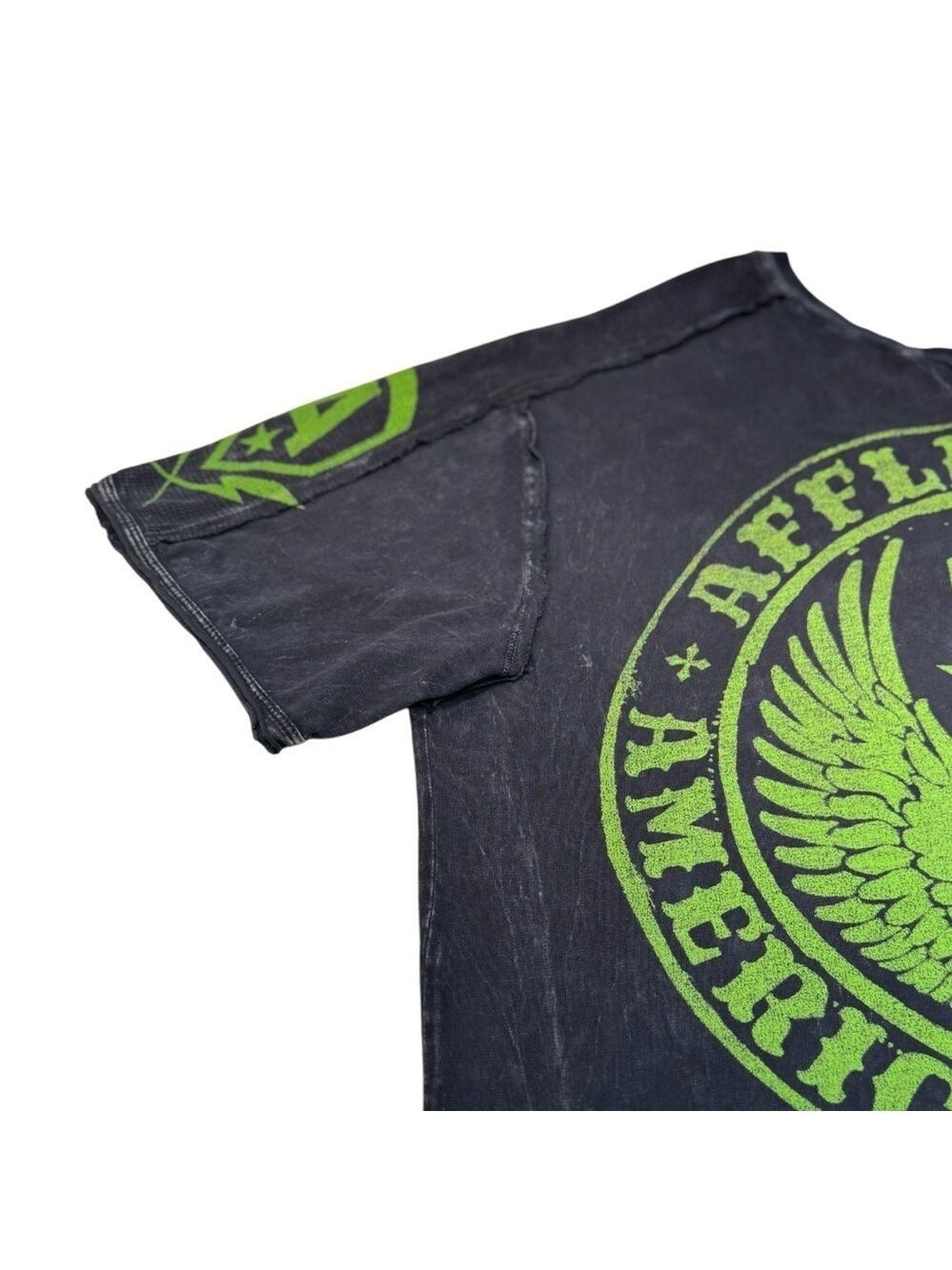 Affliction Men's Graphic Tee Neon Green Skull Wings in His Size Large - Picture 5 of 8